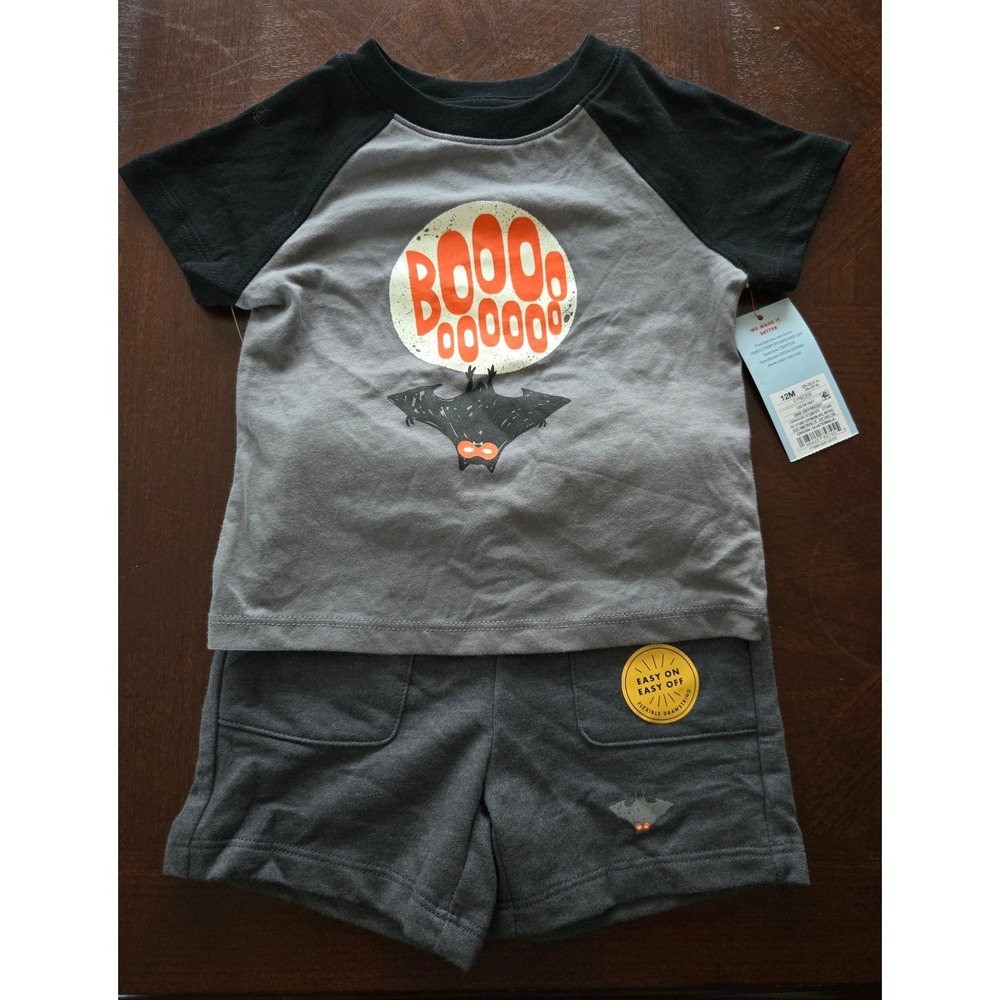 Cat & Jack Baby Boys Halloween Bat Raglan Shirt and Shorts Set 12M Gray Black